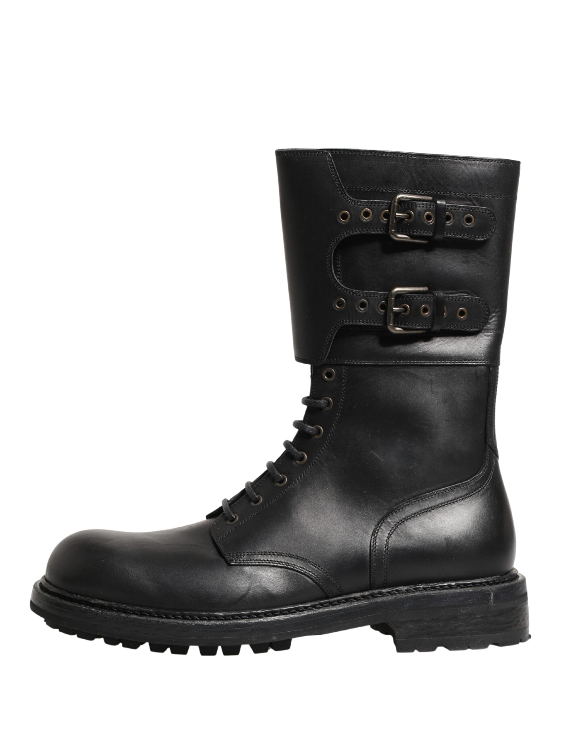 靴 dolce&gabbana leather combat boots Dolce & Gabbana Black Leather Belted Buckle Combat Boots Men's