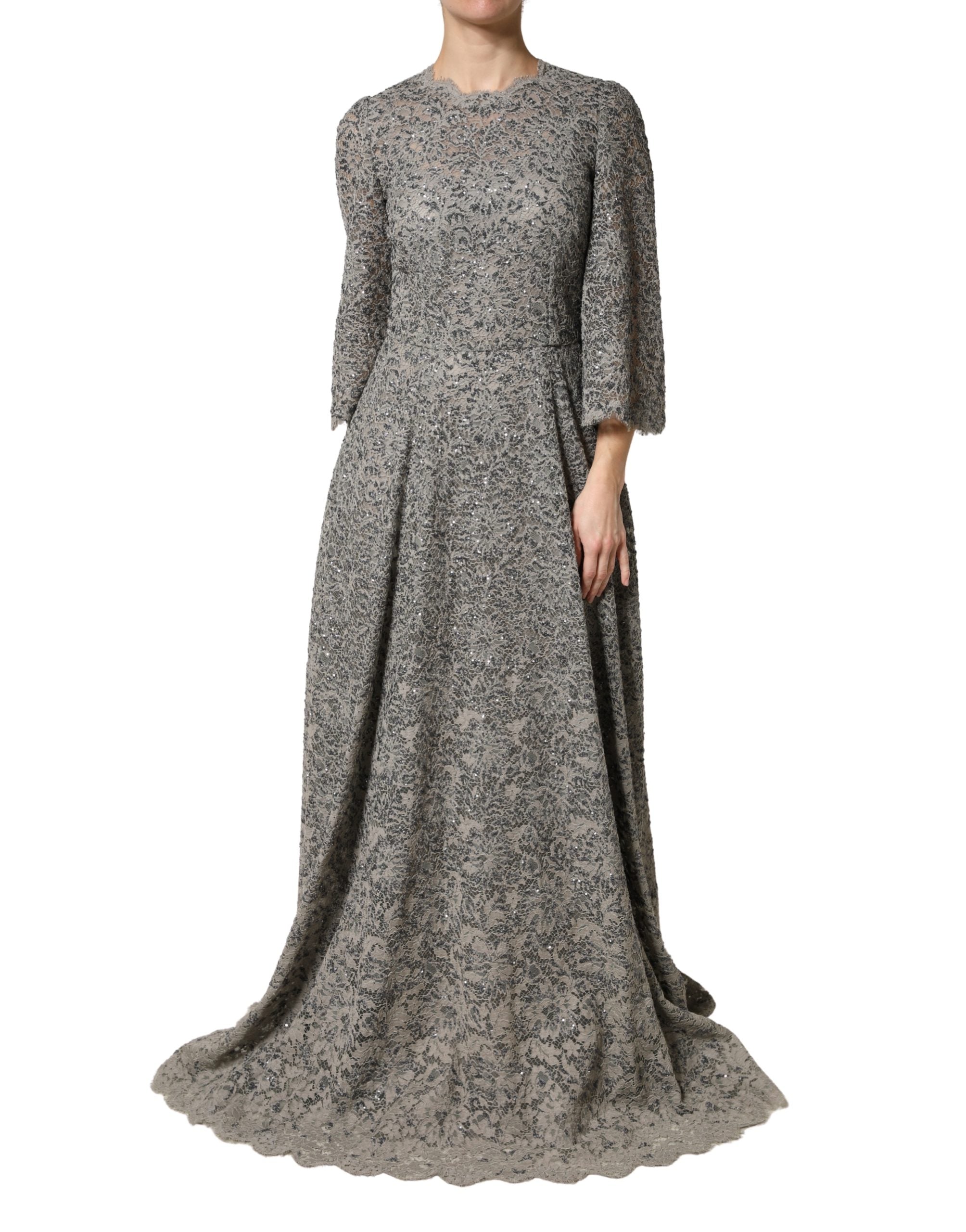 Dolce & Gabbana Gray Lace Long Sleeves Cotton Maxi Women's Dress Dolce & Gabbana Gray Lace Long Sleeves Cotton Maxi Women's Dress