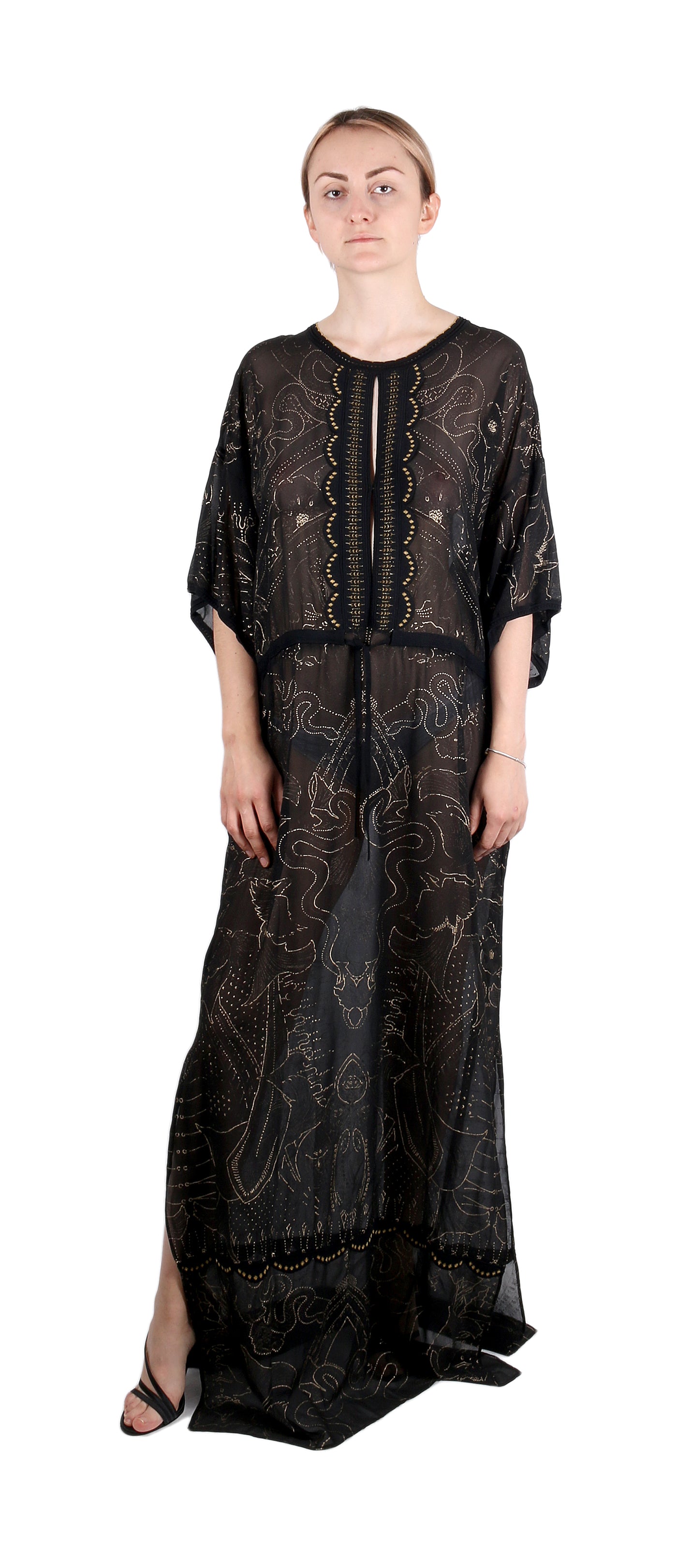 Roberto Cavalli Boho-Chic Black Maxi Kaftan Dress Gold Print Details –  Bluefly