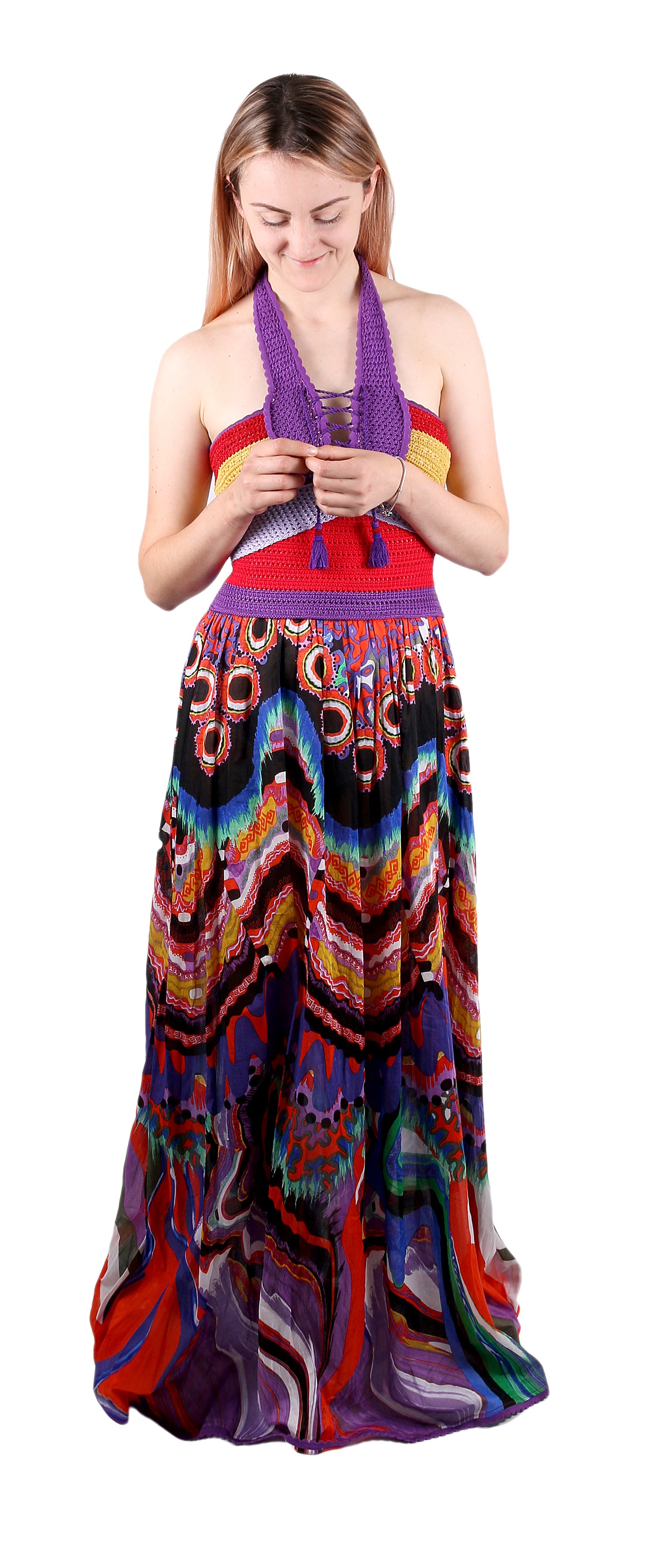 Roberto Cavalli Bohemian Multicolor Halter Maxi Dress Lace Up Front
