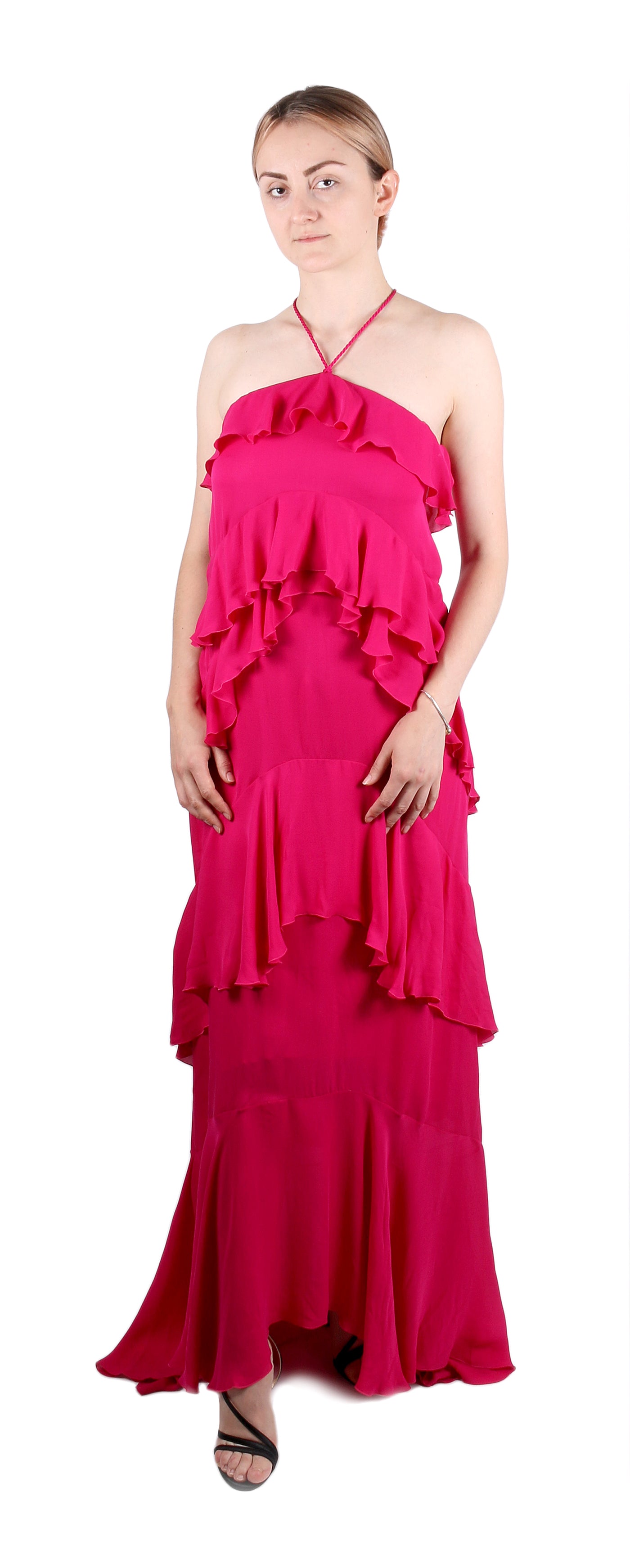 Roberto Cavalli Hot Pink Ruffled Halter Maxi Dress with Tiered Skirt –  Bluefly
