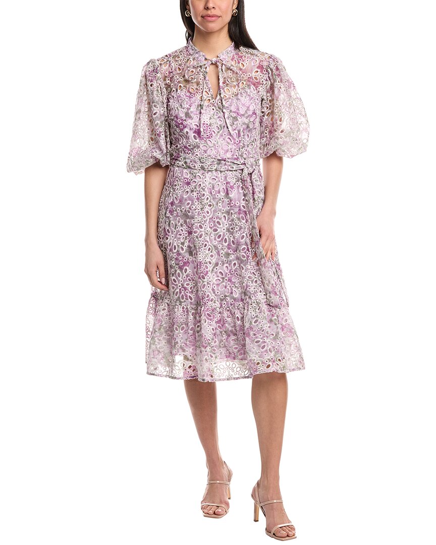Mikael Aghal Lilac Multicolor Embroidered Lace Midi Dress – Puff Sleeve Keyhole Cocktail Dress with Belt