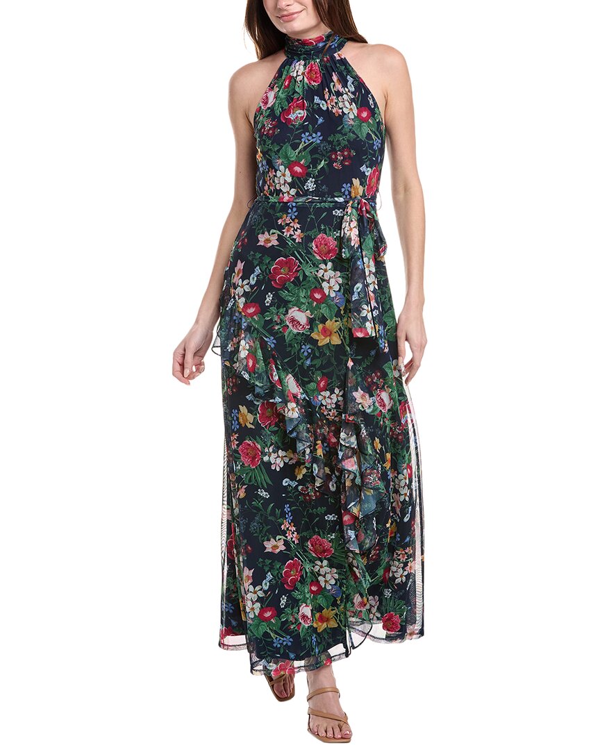 Anne Klein Printed Mesh Asymmetrical Ruffle Hem Maxi Dress, Blue / 0