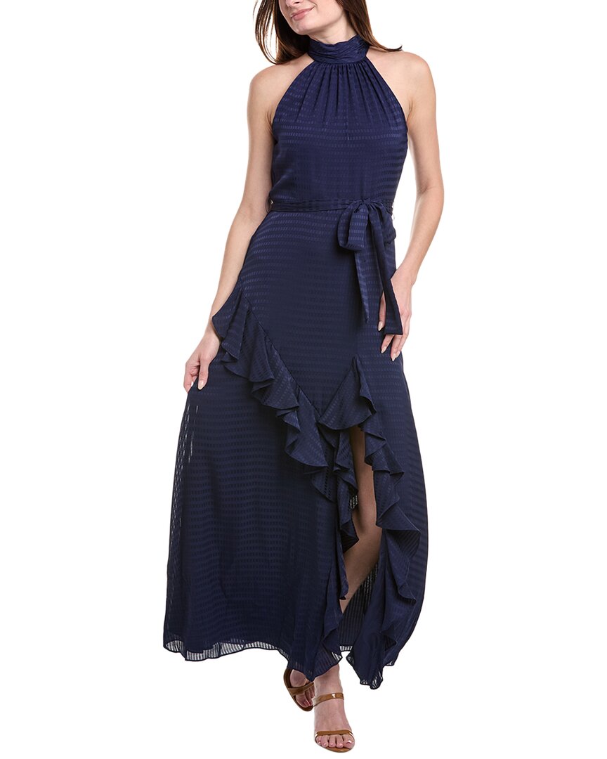 Anne Klein Satin Check Asymmetrical Ruffle Hem Maxi Dress