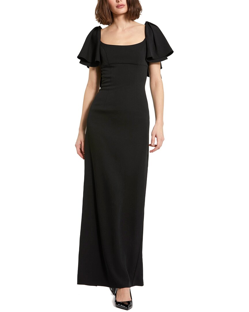 Mac Duggal - Black Crepe Fitted Long Dress with Short Ruffle Sleeves