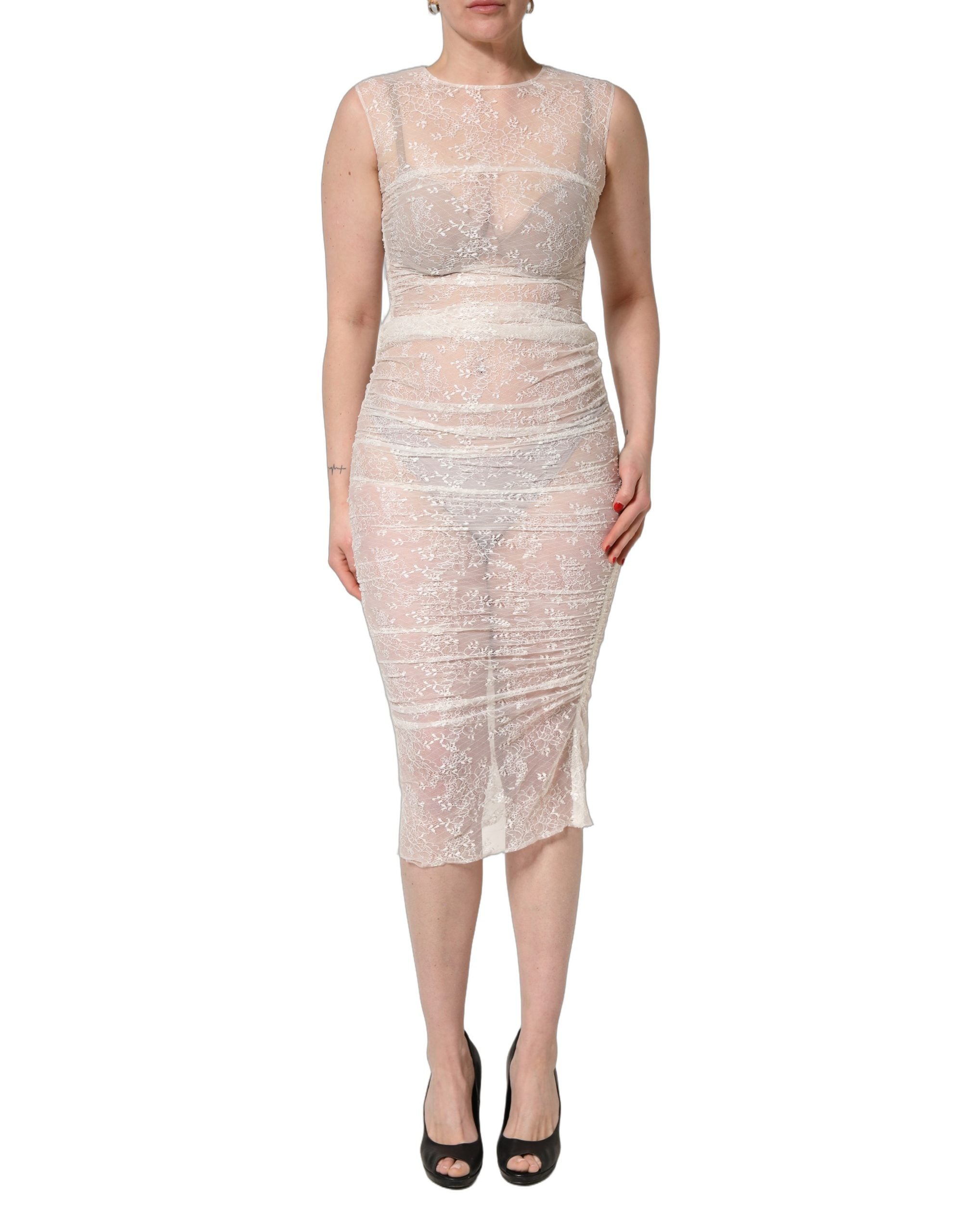 Dolce & Gabbana White Floral Lace Sheer Sleeveless Midi Women's Dress
