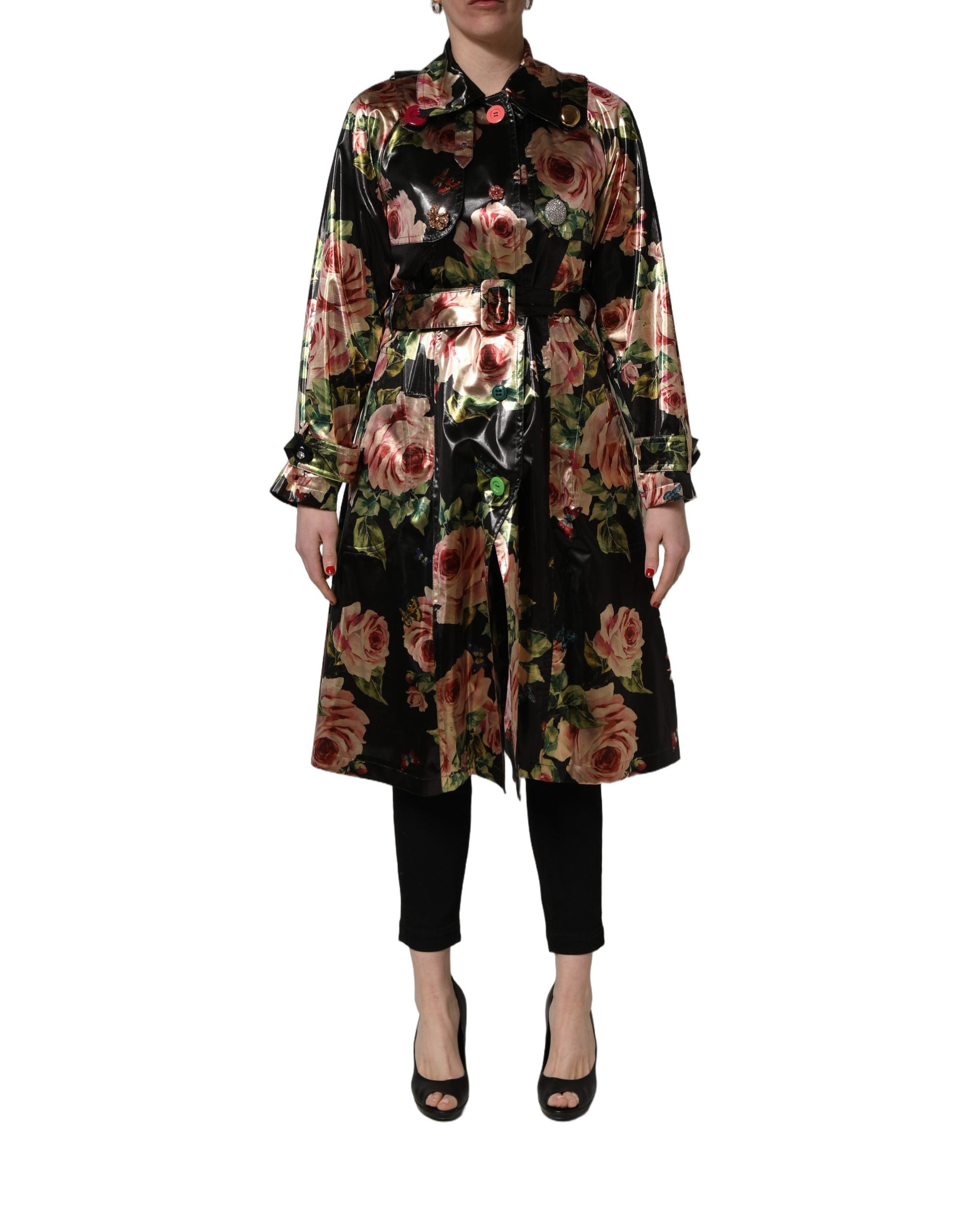 Dolce & Gabbana Black Floral Belted Polyester Trench Coat Women's