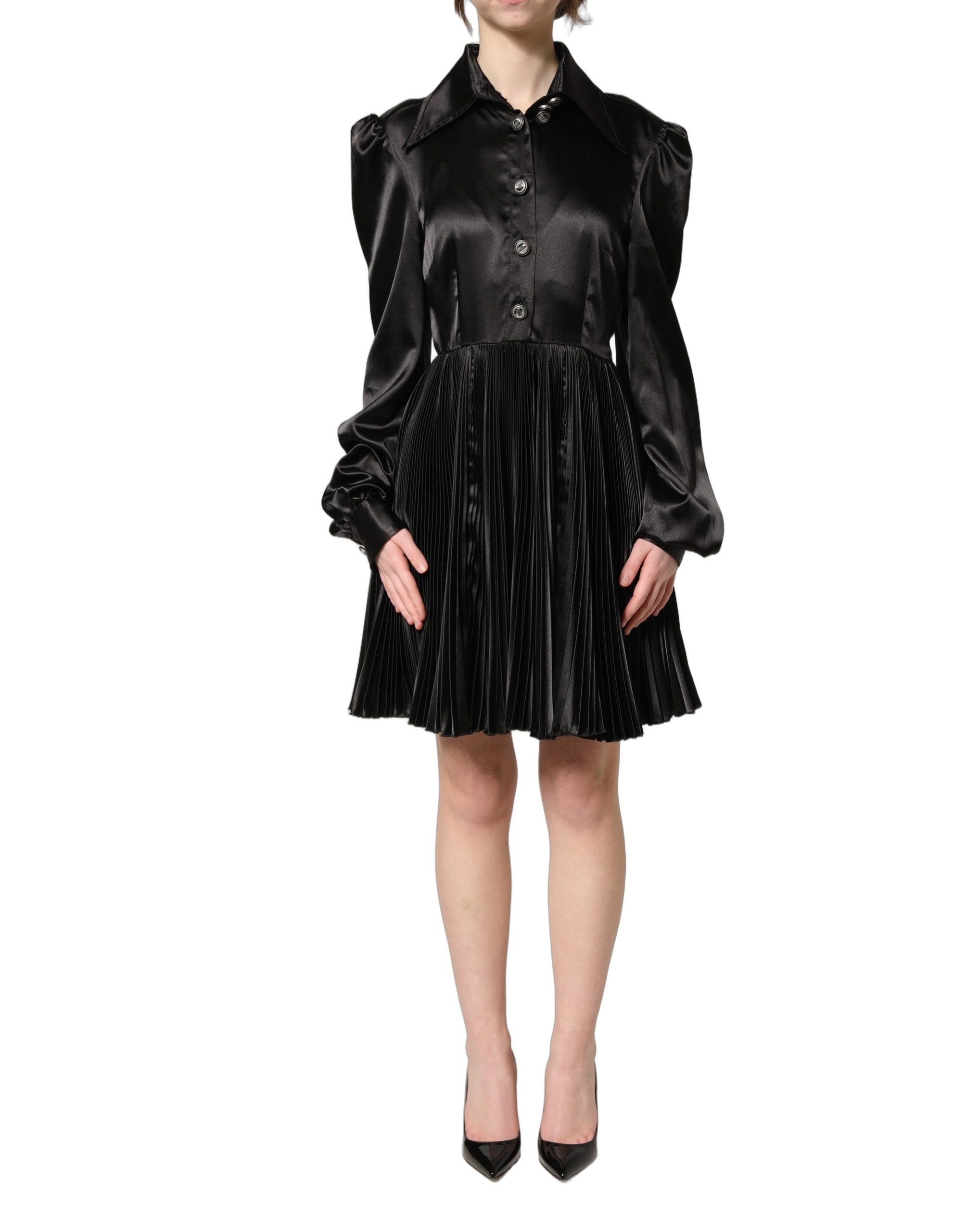 satin puff sleeve pleated dress ELOQUII Women's Pleated Satin Puff-Sleeve Maxi Dress