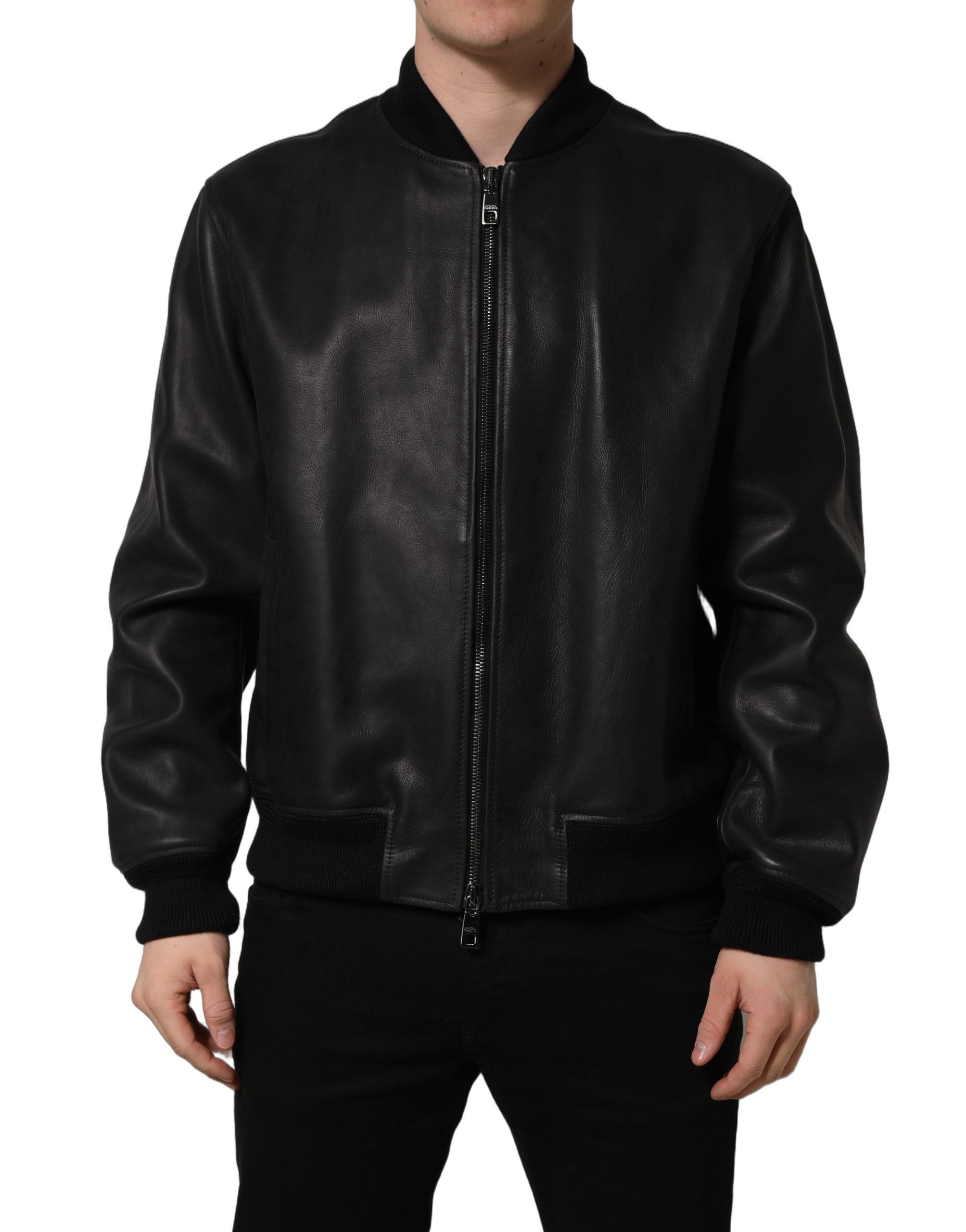 Dolce & Gabbana ブラックレザージャケット Dolce & Gabbana Black Leather Full Zip Men Biker Men's Jacket