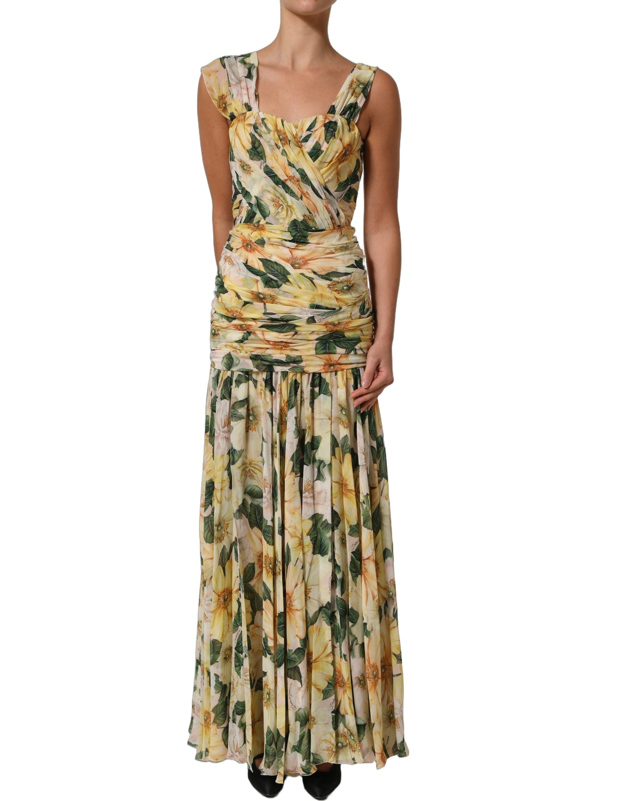 dolce and gabbana yellow dress Dolce & Gabbana Yellow Floral Print Silk Pleated Maxi Women's Dress (P –  Bluefly