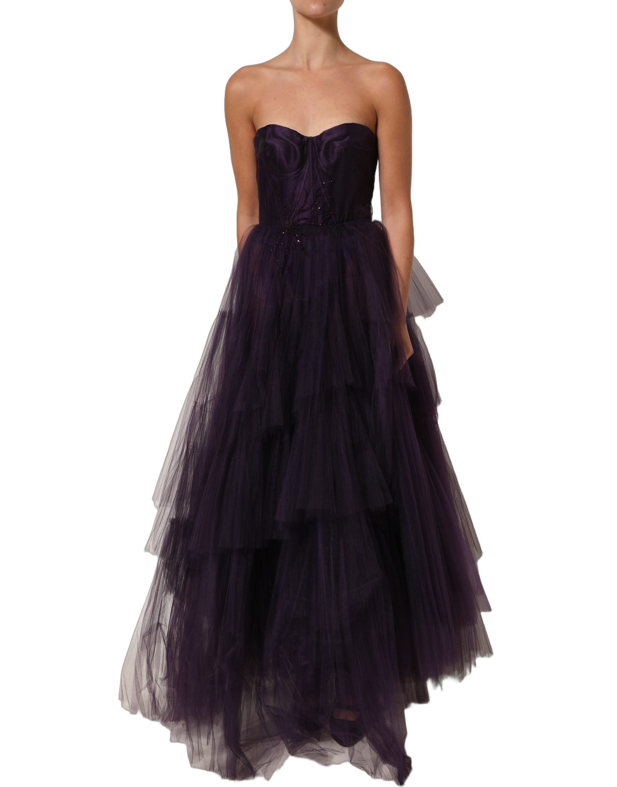 Dolce & Gabbana Purple Tiered Tulle Silk Long Gown Dress - IT38