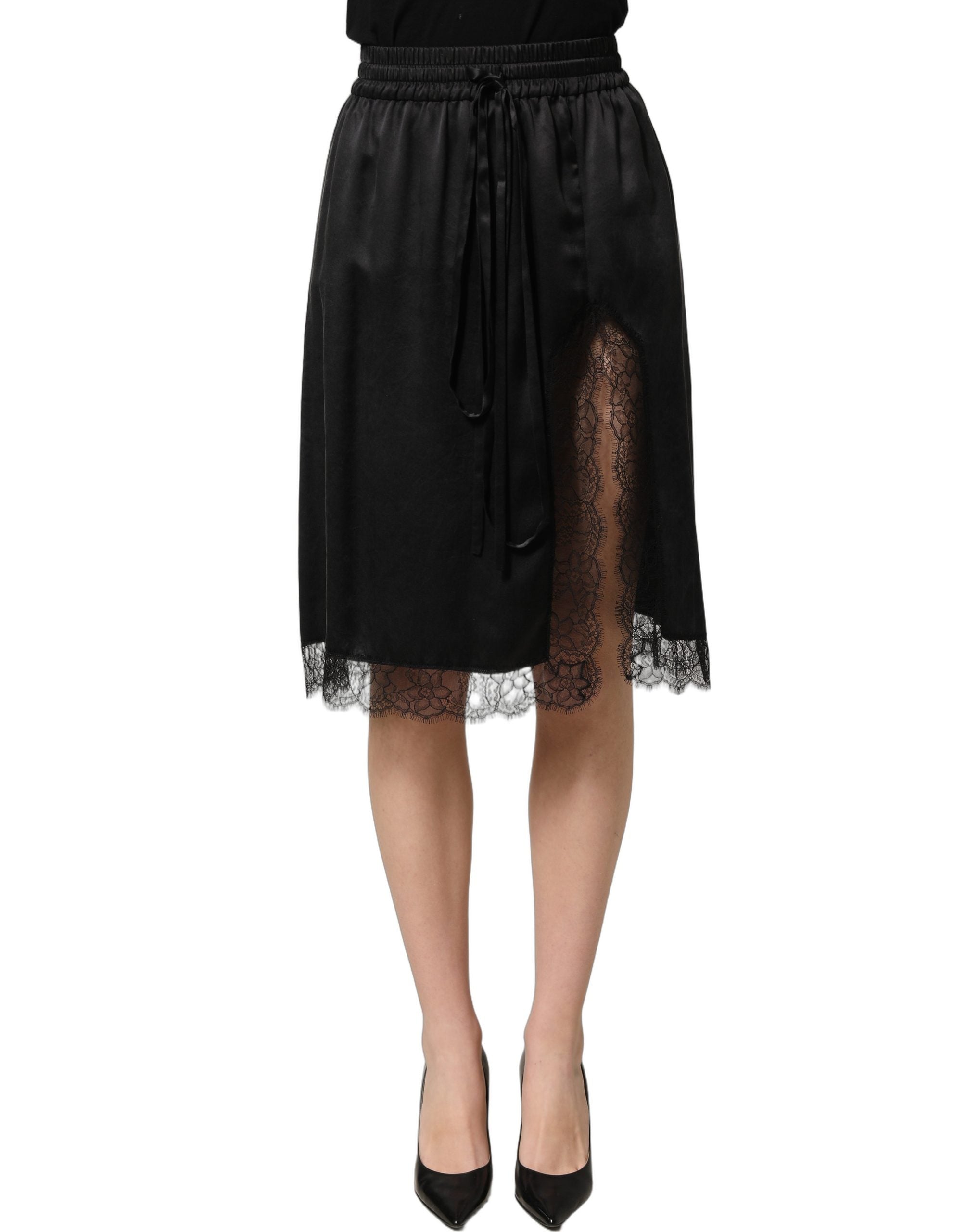 DOLCE&GABBANA ストライププリーツスカート 38 Dolce & Gabbana Black Lace Trimmed Satin Side Slit Women's Skirt