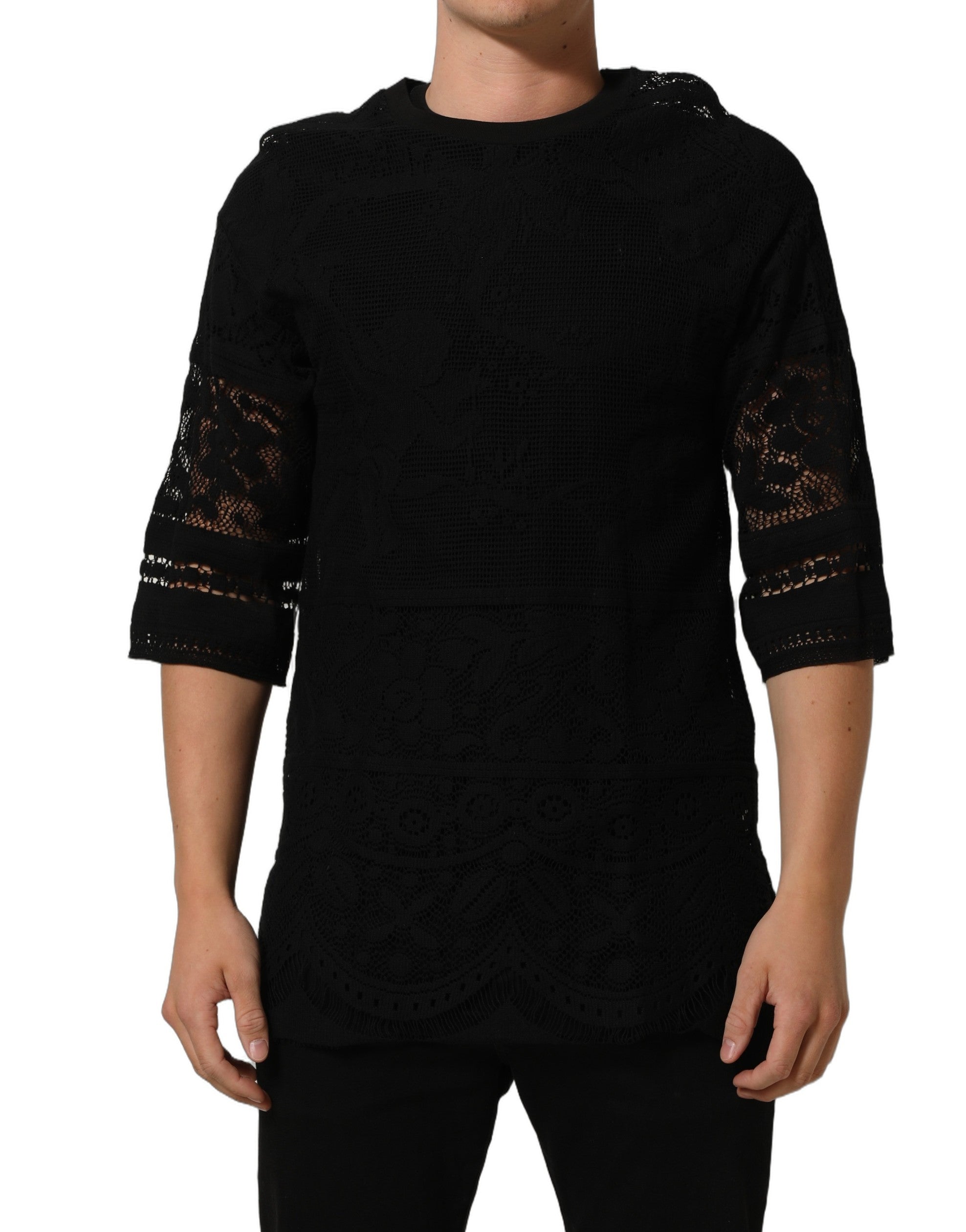 トップス DOLCE&GABBANA lace design T shirt swag Dolce & Gabbana Black Cotton Floral Lace Crew Neck Men's T-shirt