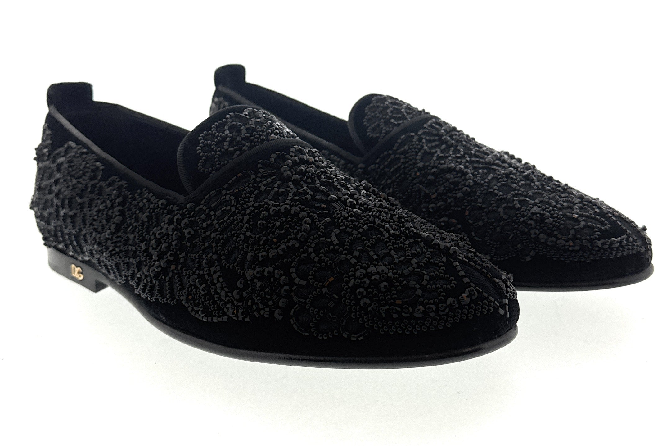 Dolce & Gabbana Men's Black Velvet Loafers with Beaded Lace