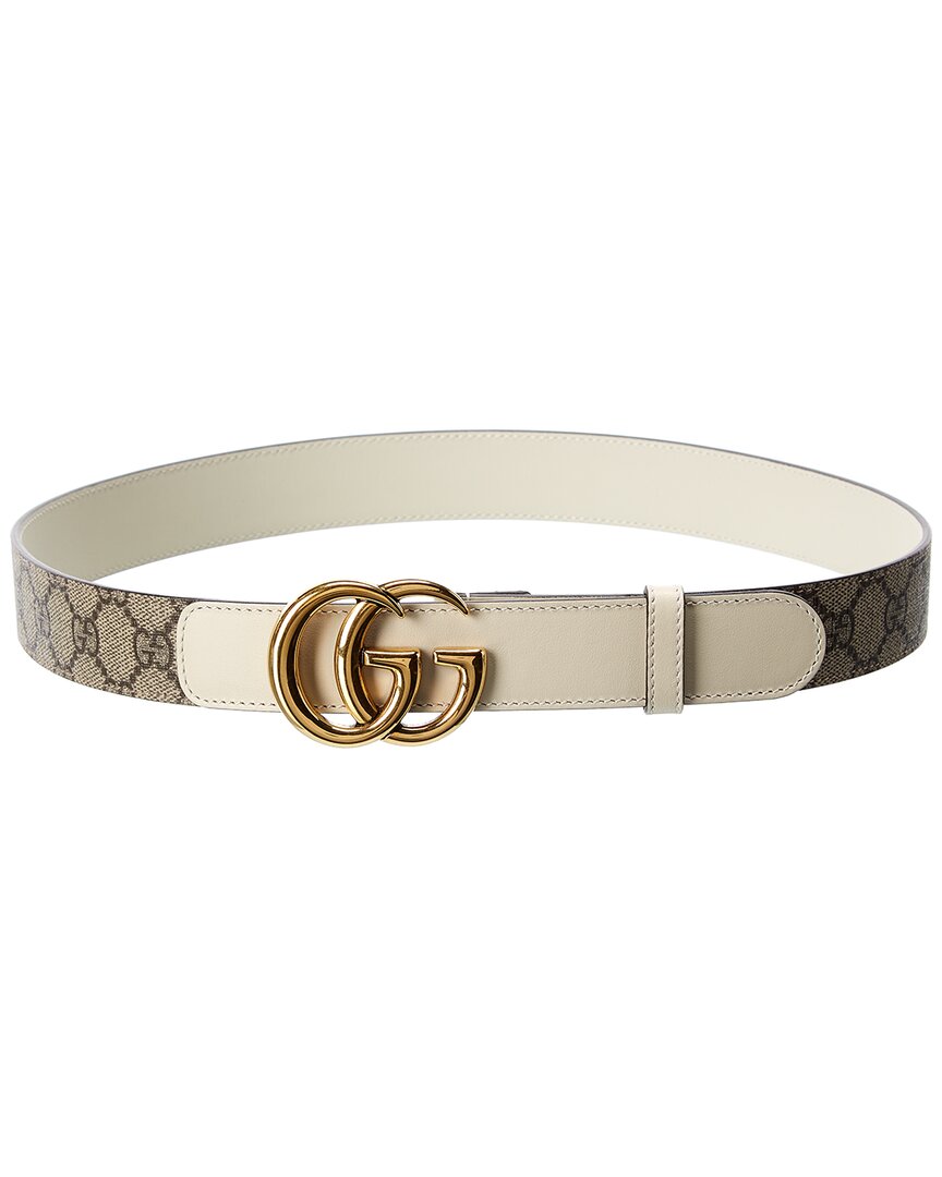 Gucci Cream Leather Belt with Gold GG Buckle - thin Thin belt with Interlocking G buckle in sand GG canvas  main image 2
