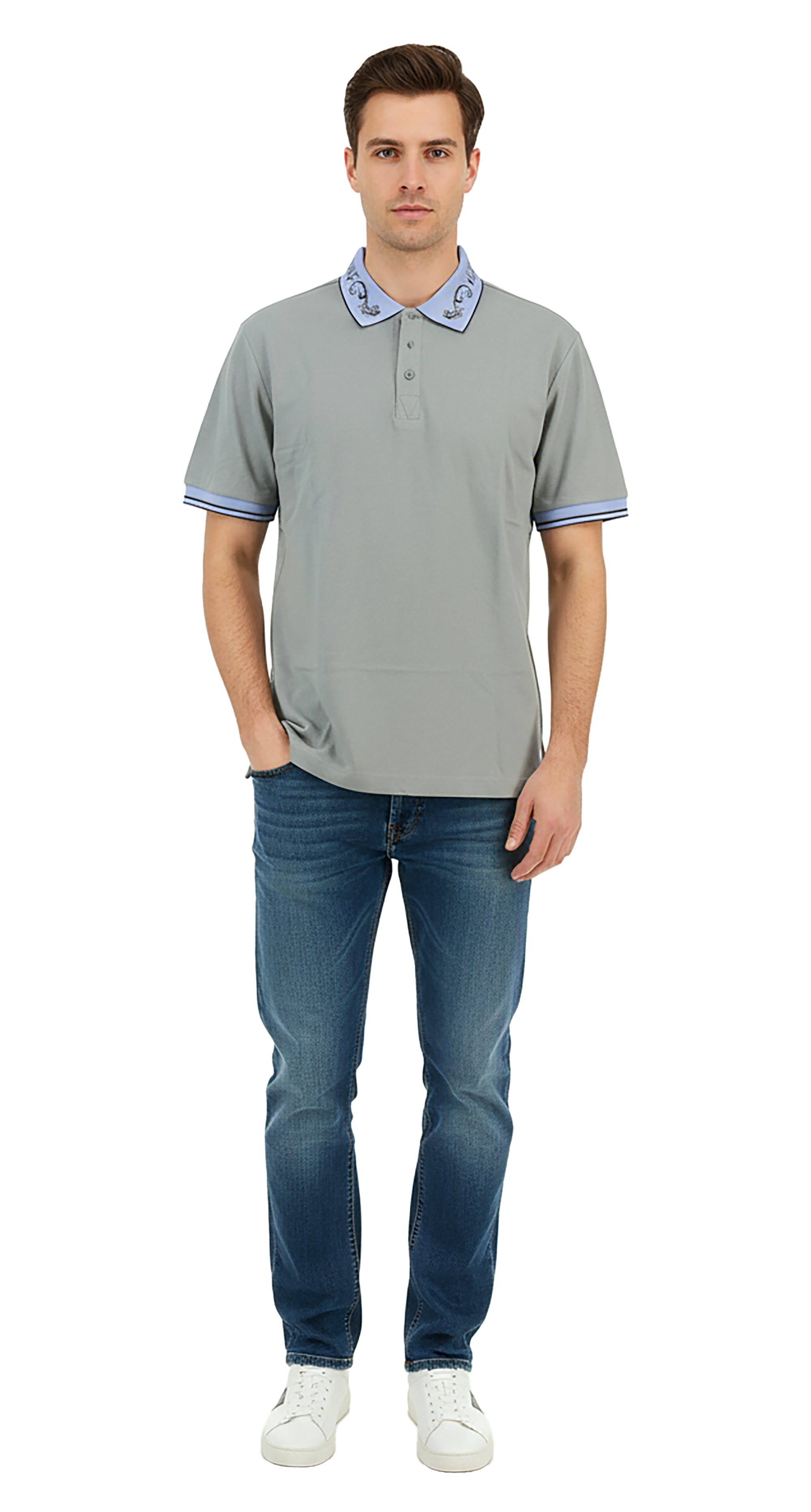 Versace Jeans Couture Ice Grey Mens Polo Shirt with Baroque Collar 