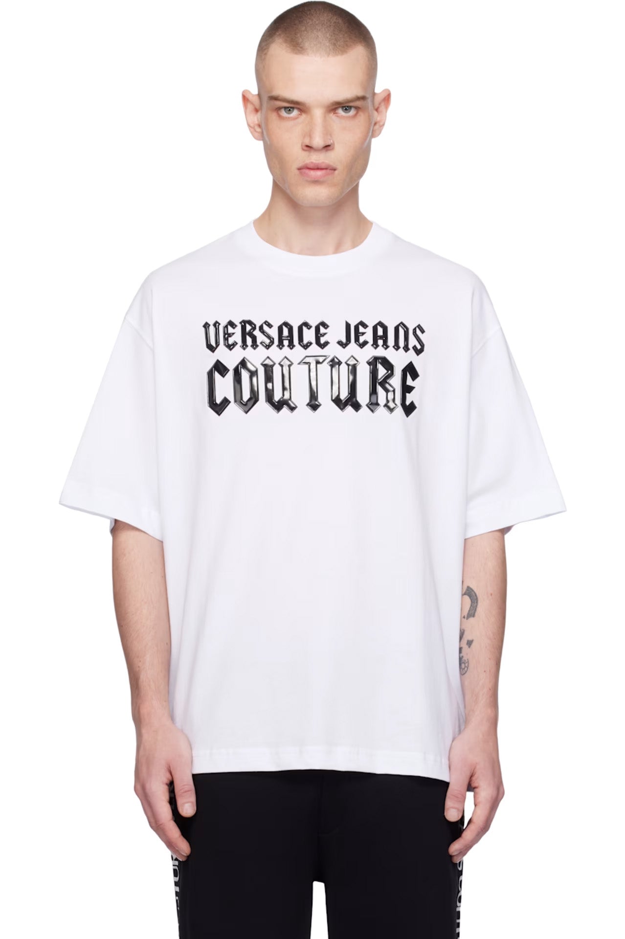 VERSACE JEANS COUTURE デザインシャツXL Versace Jeans Couture White Mens Oversized Gothic Print Graphic T