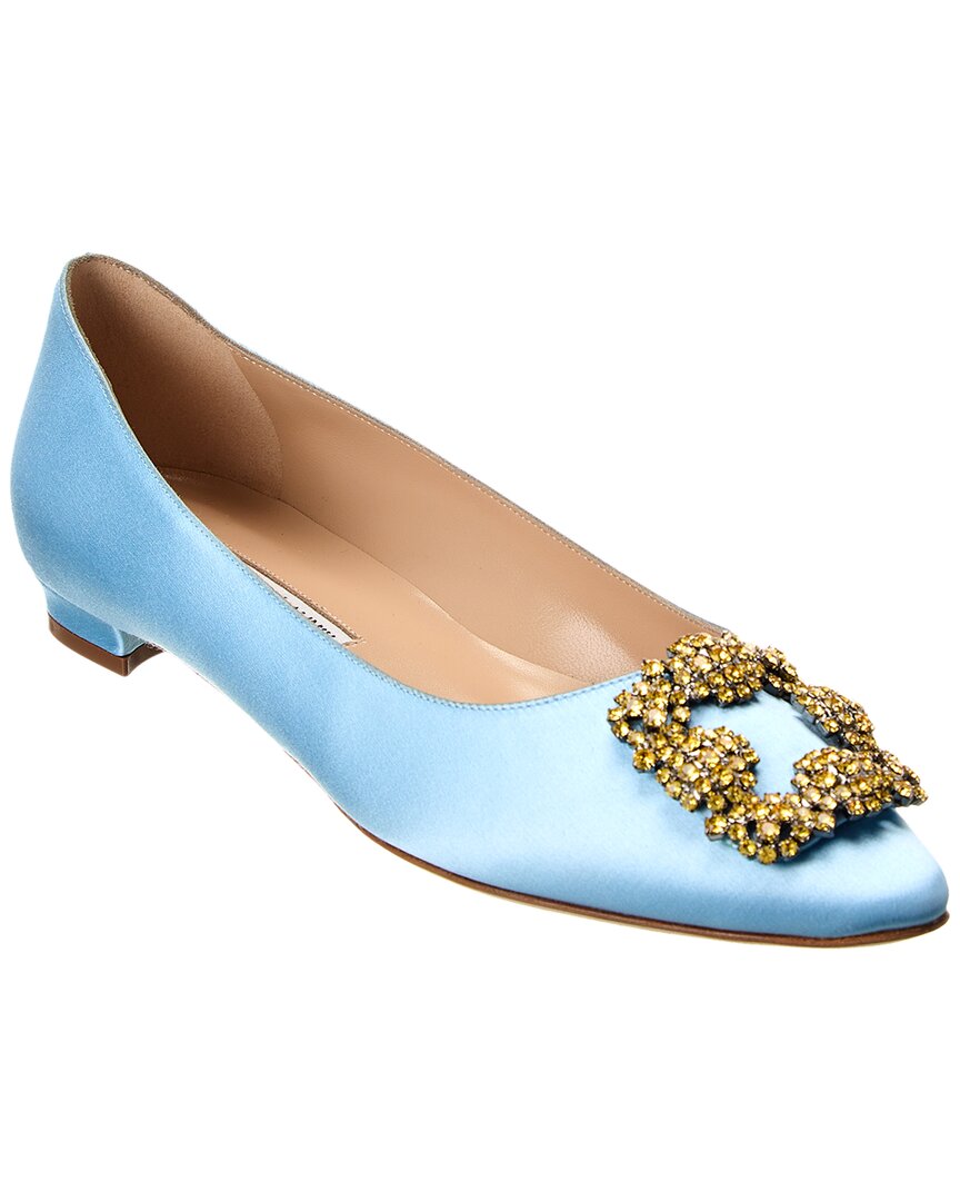 MANOLO BLAHNIK フラット HANGISI ハンギシ 34 ブルー HANGISIFLAT | Blue Satin Jewel Buckle Flat Pumps | Manolo Blahnik