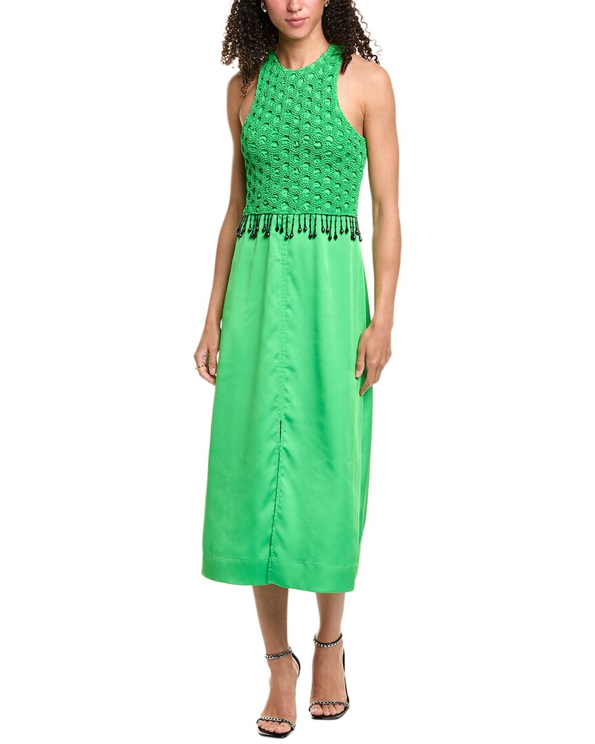 Ganni Smocked Satin Maxi Dress, Green / 38