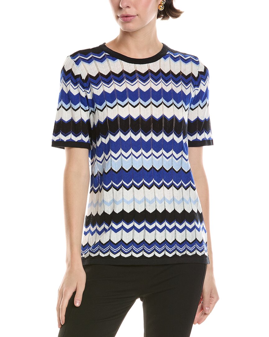 売れ筋商品|||アンクライン カットソー トップス レディース Petite Chevron-Stitch Short-Sleeve Crewneck Top Santorini Blue Multi Chevron Stitch Cap Sleeve Crew Neck at Amazon Women's