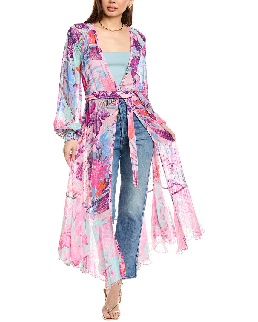 Rococo Sand Zazu Tropical Print Cape in Pink and Purple – Long Flowing Viscose Cover-Up with Self-Tie Belt