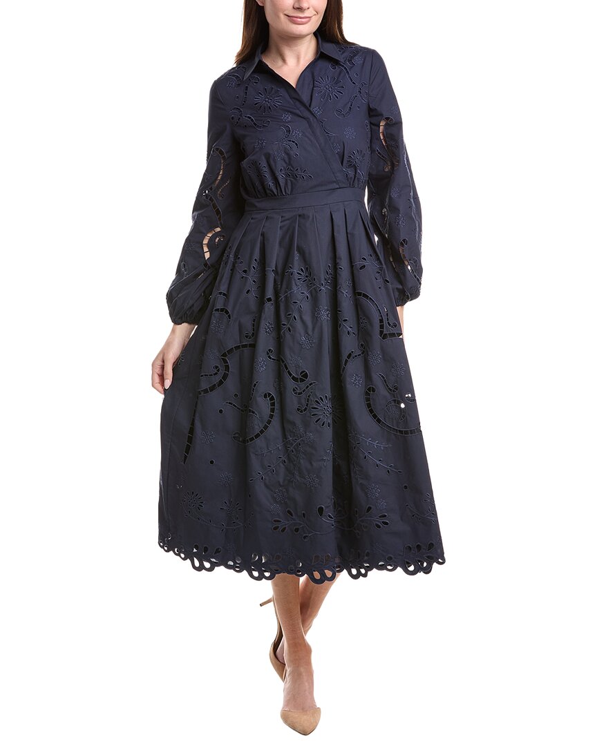 tahari dress Judianne Short Sleeve Fitted Sheath - Exclusive - Navy featuring a flattering V Elie Tahari Tapestry Floral Midi