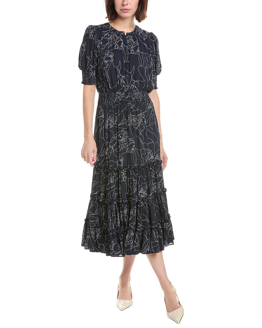 T Tahari Elbow Sleeve Split Neck Tiered Dress