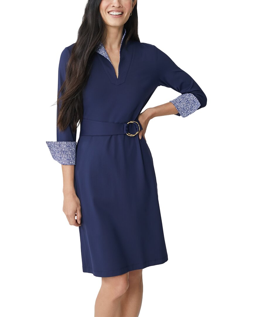 J.McLaughlin Daniellle Poplin Collar V-Neck 34 Cuff Sleeve Belted Dress, Womens, XL, Navy