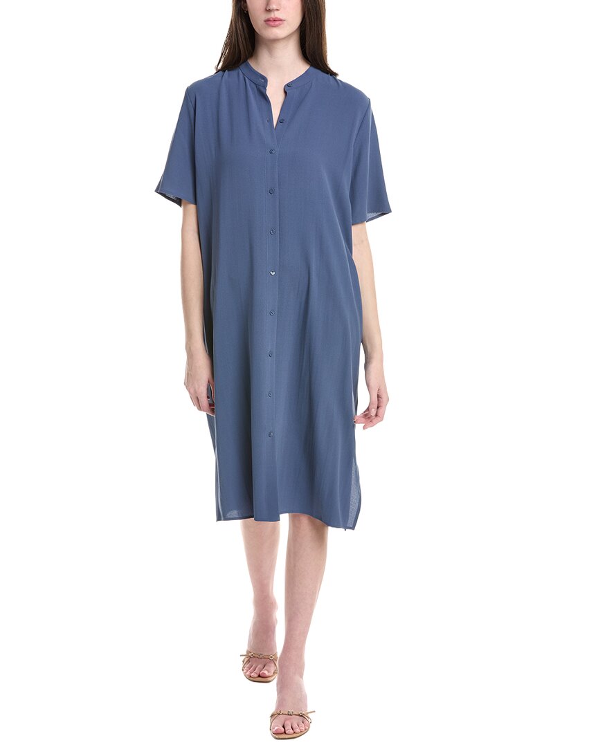 eileen fisher blue silk dress Mandarin Collar Midi Scoop necklineSleevelessEasy fit Tiered febwhiteedit Lapel Bow Tie Waist Size:XL/52