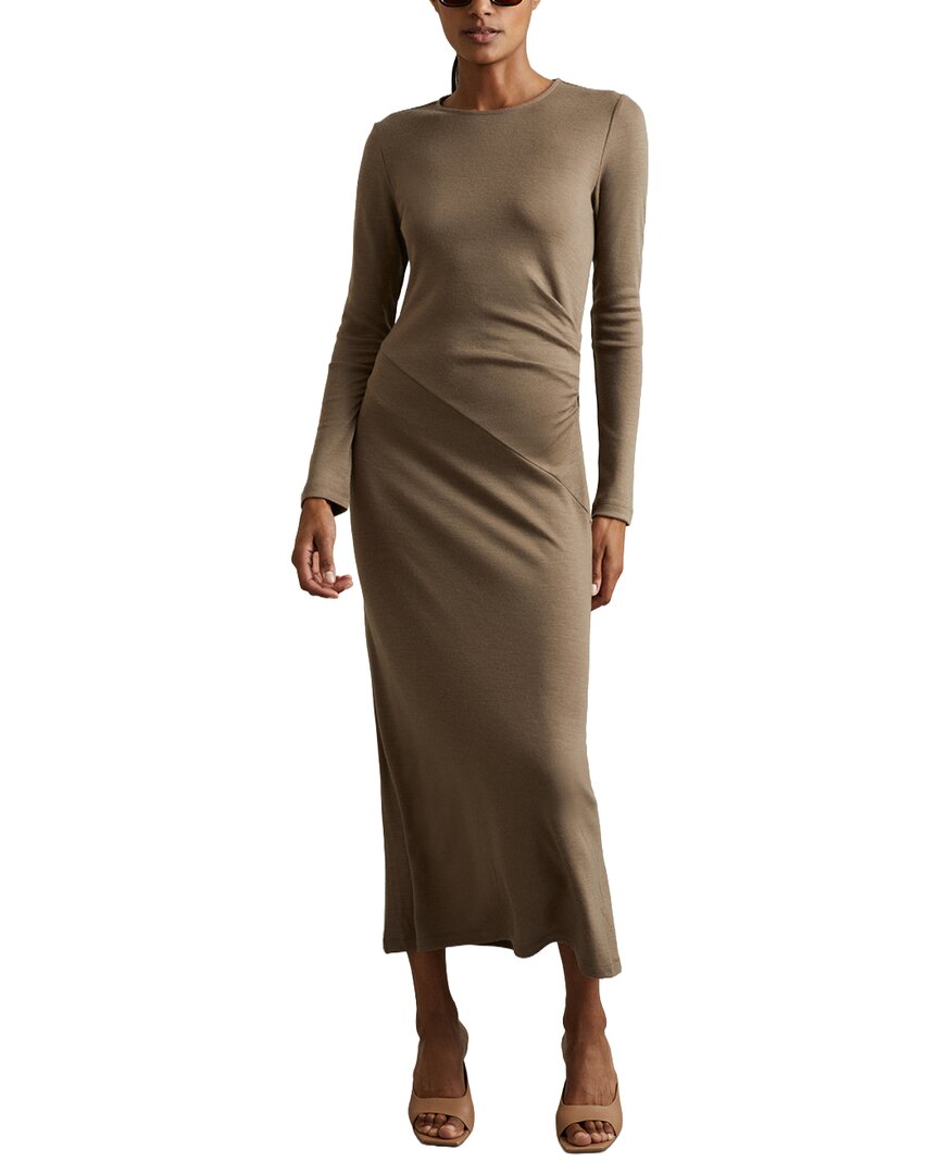 Reiss - Camel Petite Wool Ruche Detail Midi Dress, S Reiss - Camel Petite Wool Ruche Detail Midi Dress, S