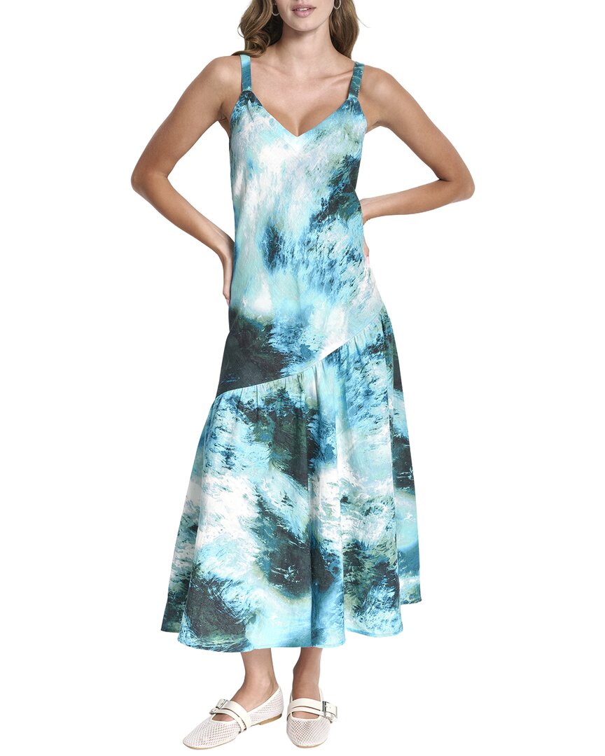 Dkny Women's Shirred Sleeveless Printed V-Neck Dress - Tidal Brushstroke