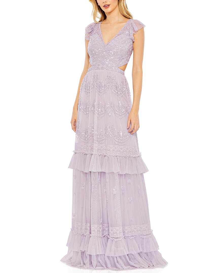 Mac Duggal Sequined Ruffled Cap Sleeve Cut Out Tiered Gown in Lilac, Size 12