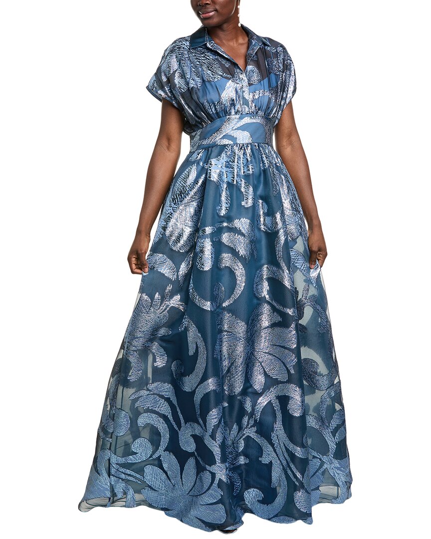 Lela Rose Metallic Floral Fil Coupe Silk-Blend Gown, Blue / 0