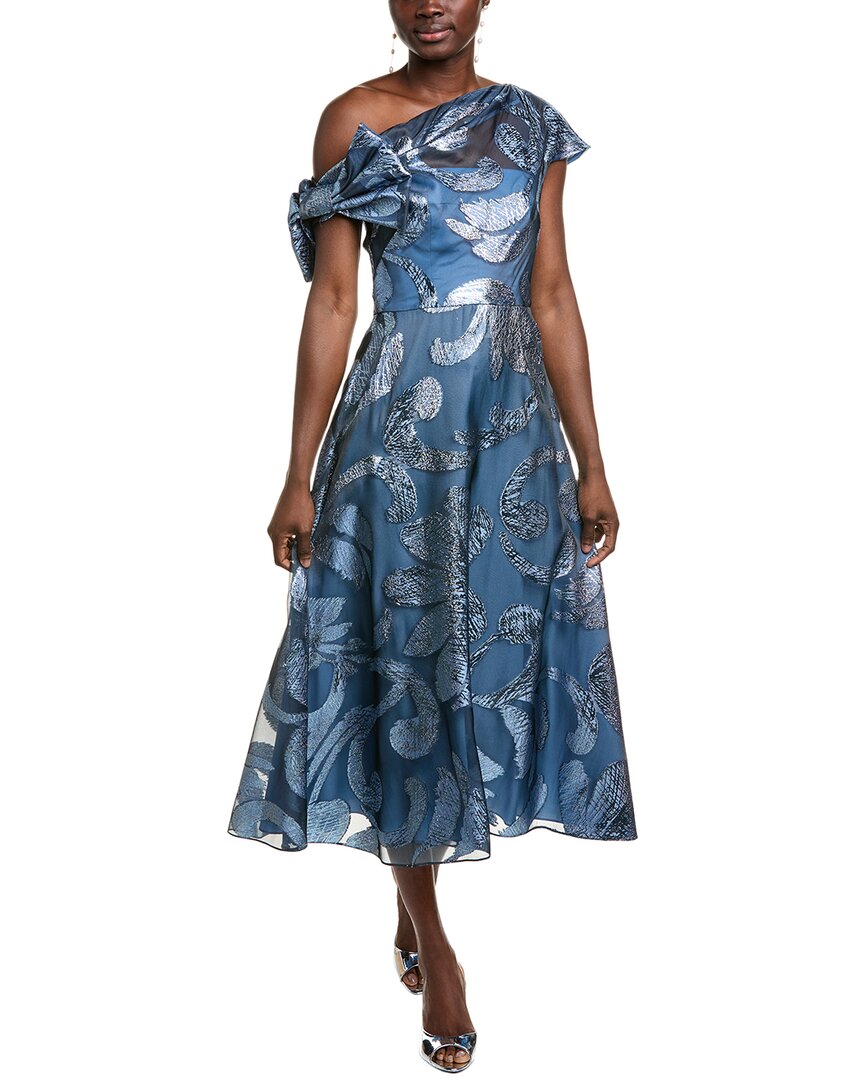 knee length dresses for ladies Lela Rose Evelyn Metallic Floral Fil Coupe Silk-Blend Gown, Blue / 2