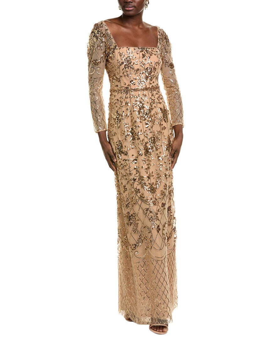Marchesa Notte Sequin Lattice Gown, 0 / Nude Gold