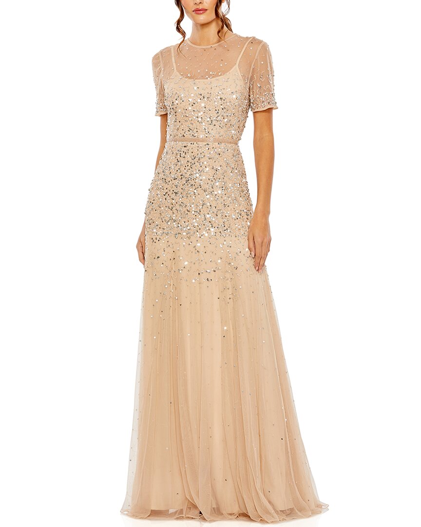 Gold High Neck Short Sleeve Sequin Embellished Gown - Mac Duggal US 16 Gold High Neck Short Sleeve Sequin Embellished Gown - Mac Duggal US 16