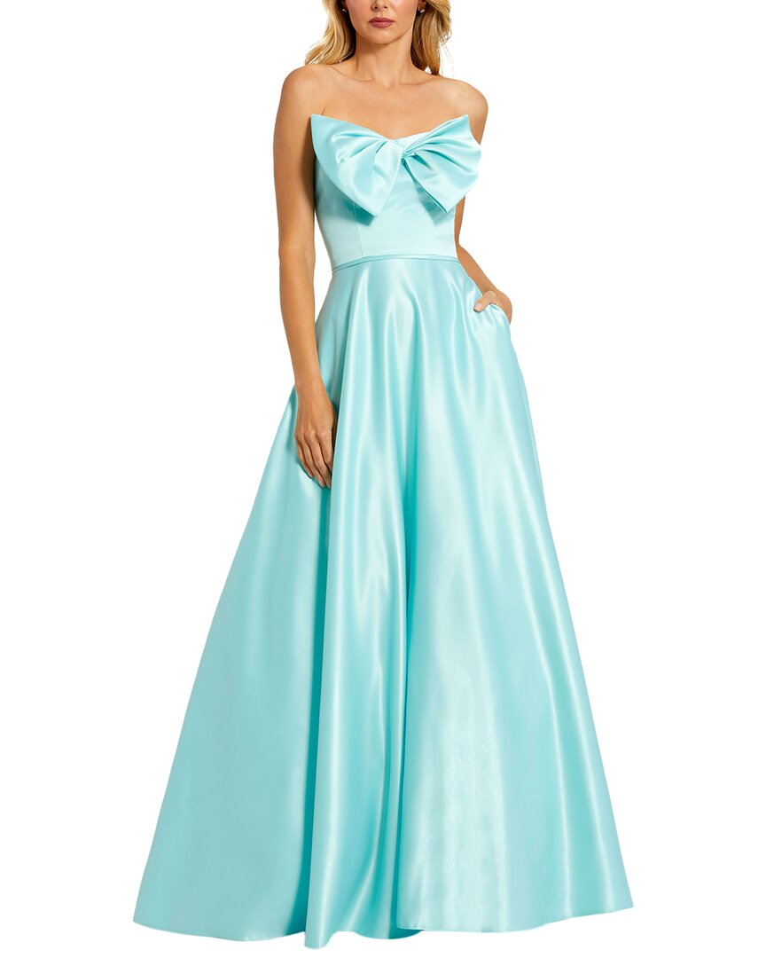 mac duggal a line dress Blue and White Ruffle Scoop Neck Floral A-Line neck Sleeveless Ruched bodice detailing Shoulder ruffle Concealed back zipper Approx Mac Duggal Strapless 3D Flower