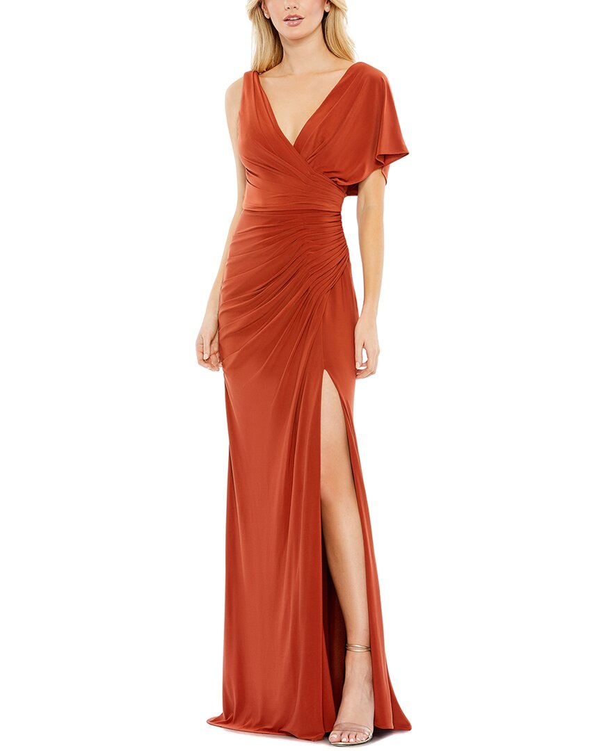 mac duggal maxi dresses One Shoulder Sleeve Scoop Back Jersey Gown