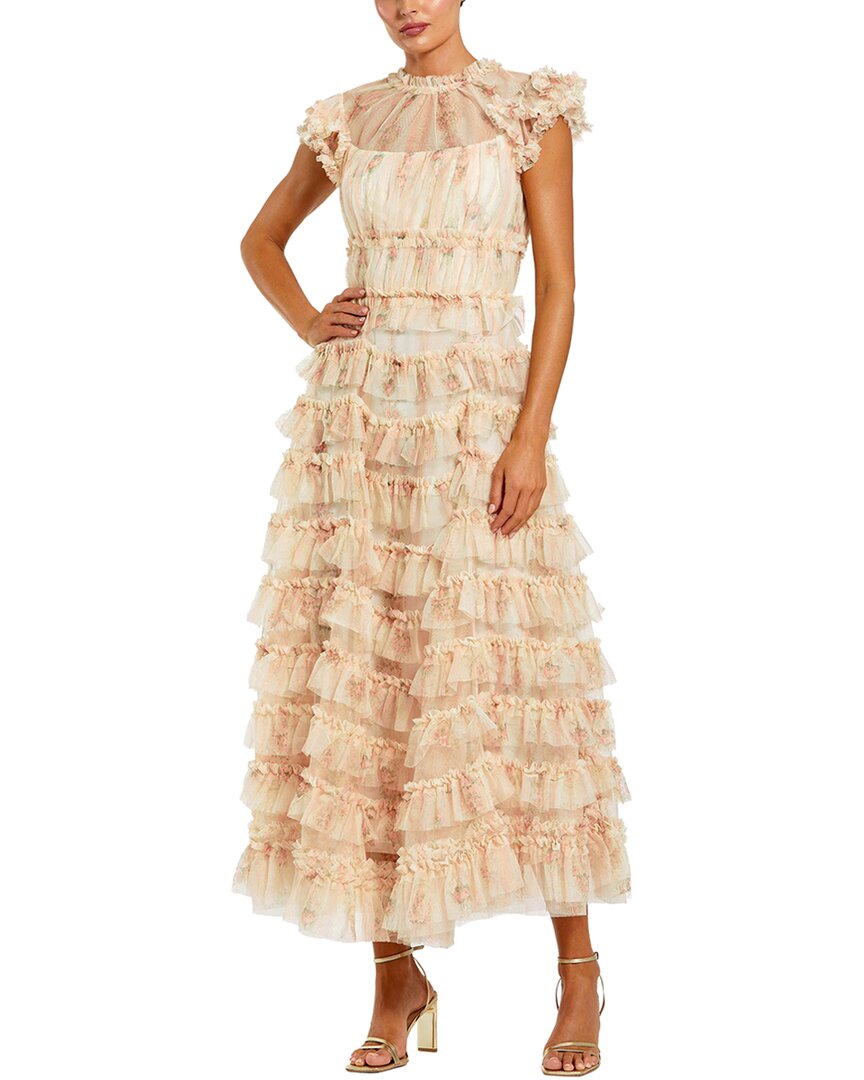 mac duggal short sleeve mesh midi dress Mac Duggal Printed Mesh Short Sleeve Micro Ruffle Midi Dress