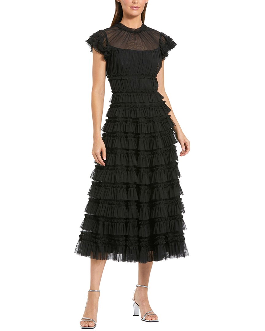 mac duggal short-sleeve high-neck ruffle midi dress Mac Duggal Mesh Micro Ruffle High Neck Cap Sleeve Midi Dress