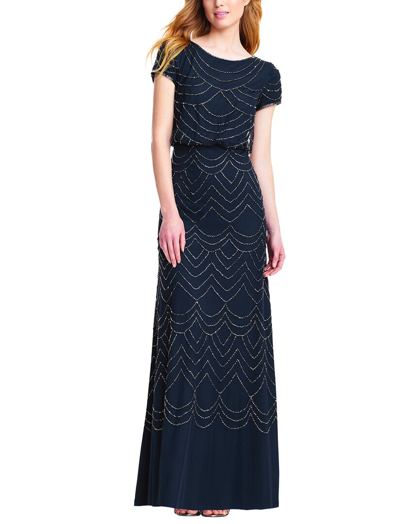 adrianna papell petite dresses Adrianna Papell Petite Short Sleeve Beaded Blouson Gown, Navy, Size: 6