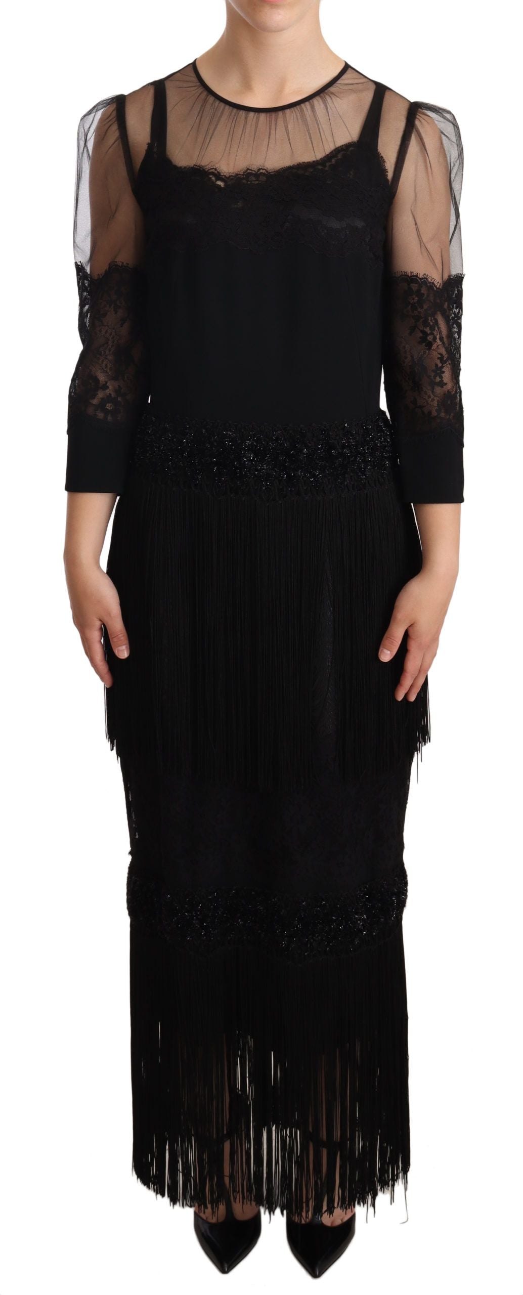 black sheer floral dress Dolce & Gabbana Lace Crystal Maxi Size:Large (10-12) lace up wedding dresses Black Long Coat Suit: showcasing a stunning mix