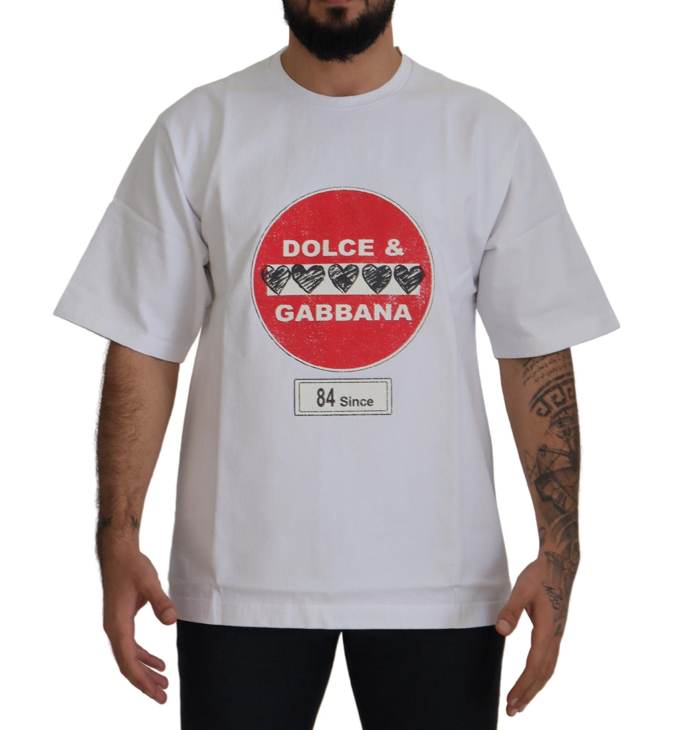 Dolce & Gabbana White Amor Heart Cotton Crewneck Men's T-shirt