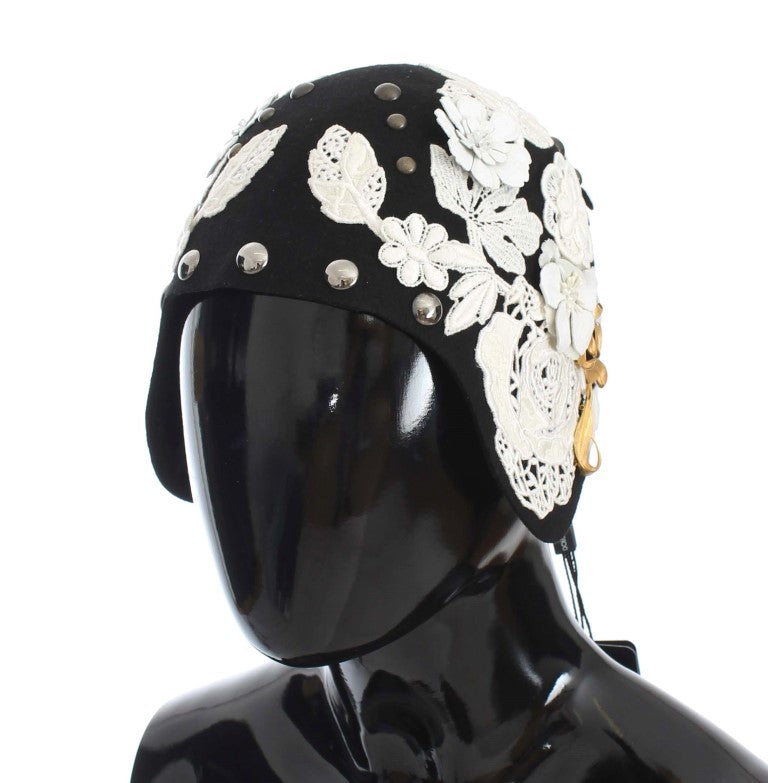 Dolce & Gabbana Black Wool White Floral Embellished Cloche Hat Womens DOLCE & GABBANA Hat Black Wool White Floral Embellished  main image 3
