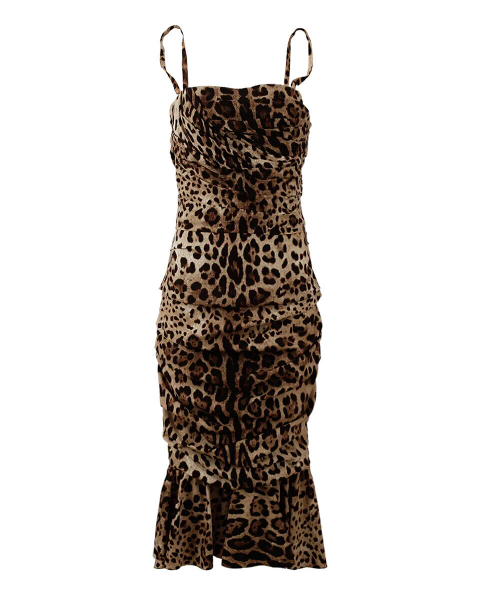 dolce and gabbana ruched midi dress Dolce & Gabbana Brown Leopard Print Ruched Midi Women's Dress