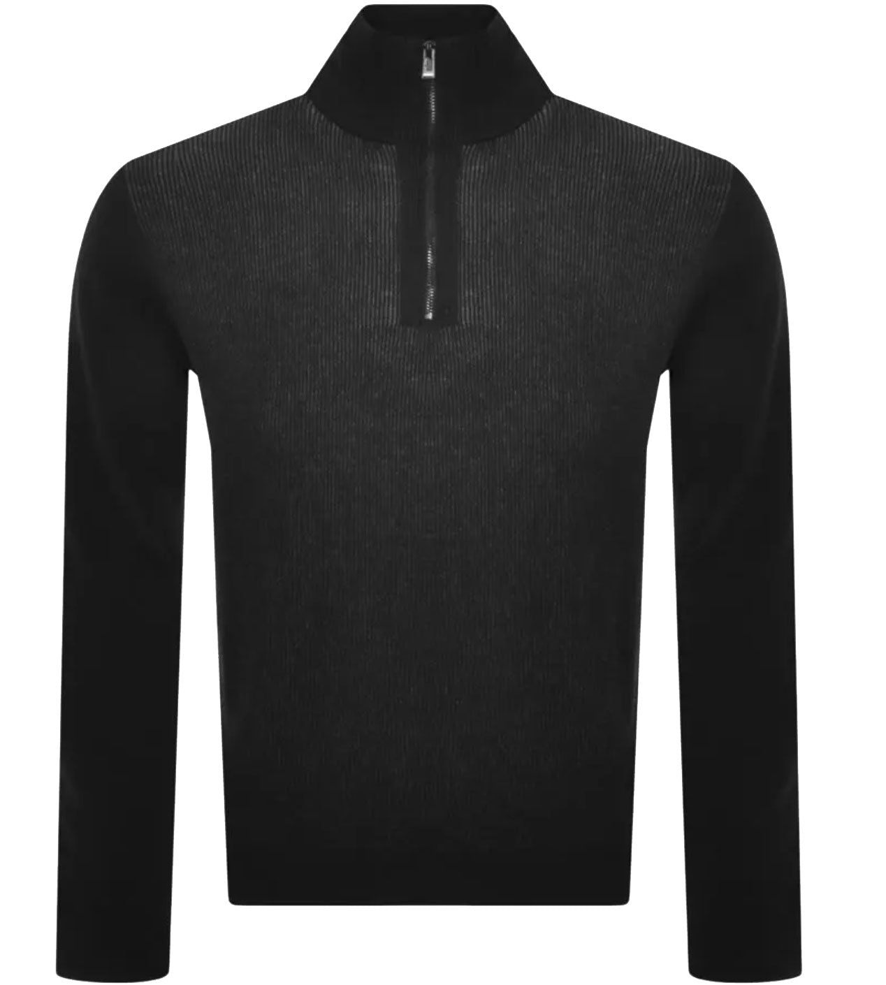 Hugo Boss Men's Ofilato Black Ribbed Knit Virgin Wool Half Zip