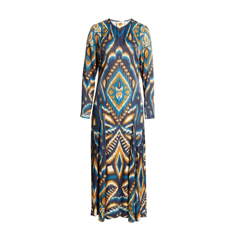 farm rio blue pineapple dress Womens Long Sleeve Satin Maxi Ikat providing a comfortable and lace_dress Magda Dress - Blue Style:Cream bows