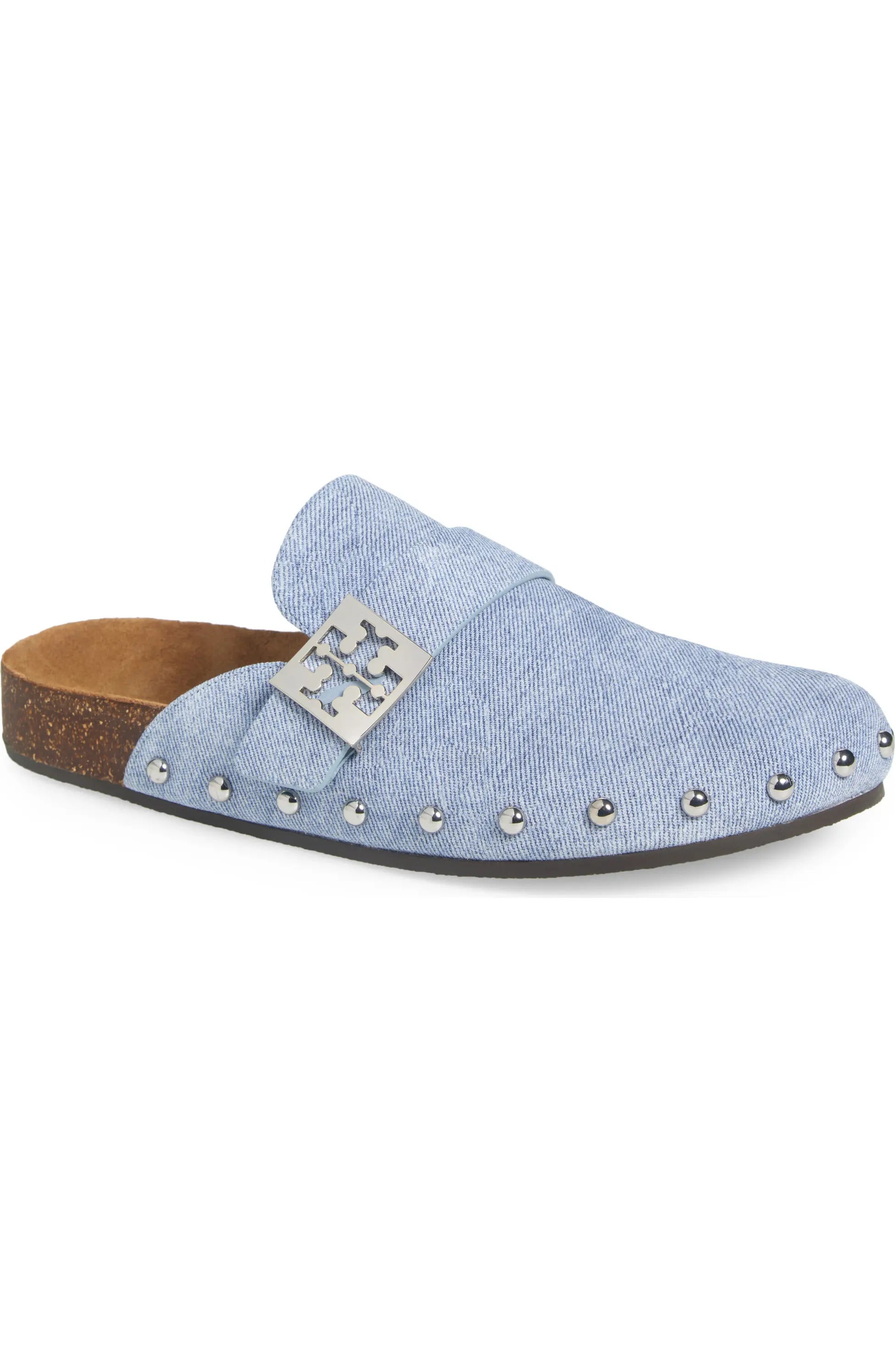 Tory Burch Women's Denim Suede Mellow Stud Mule, Blue Cloud/Silver