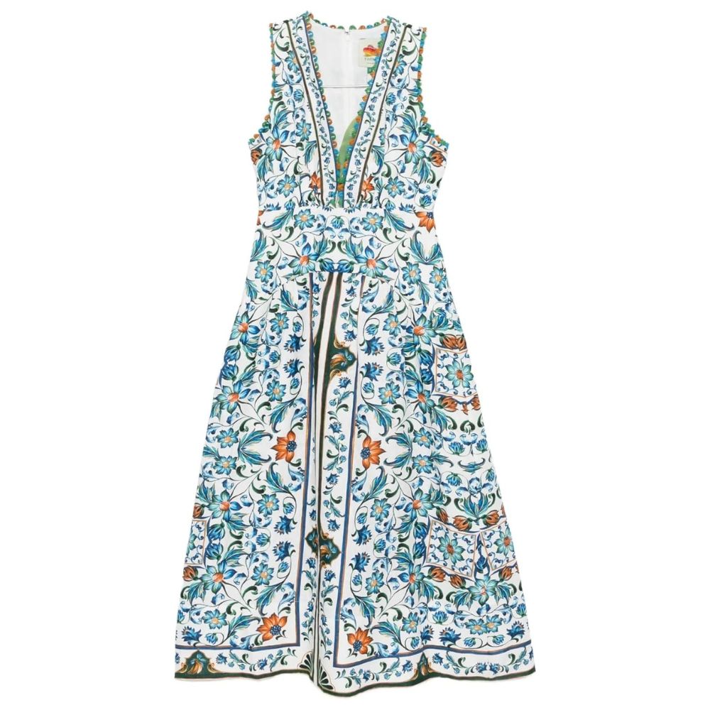 FARM Rio Flora Tile Off-White Midi Dress Medium
