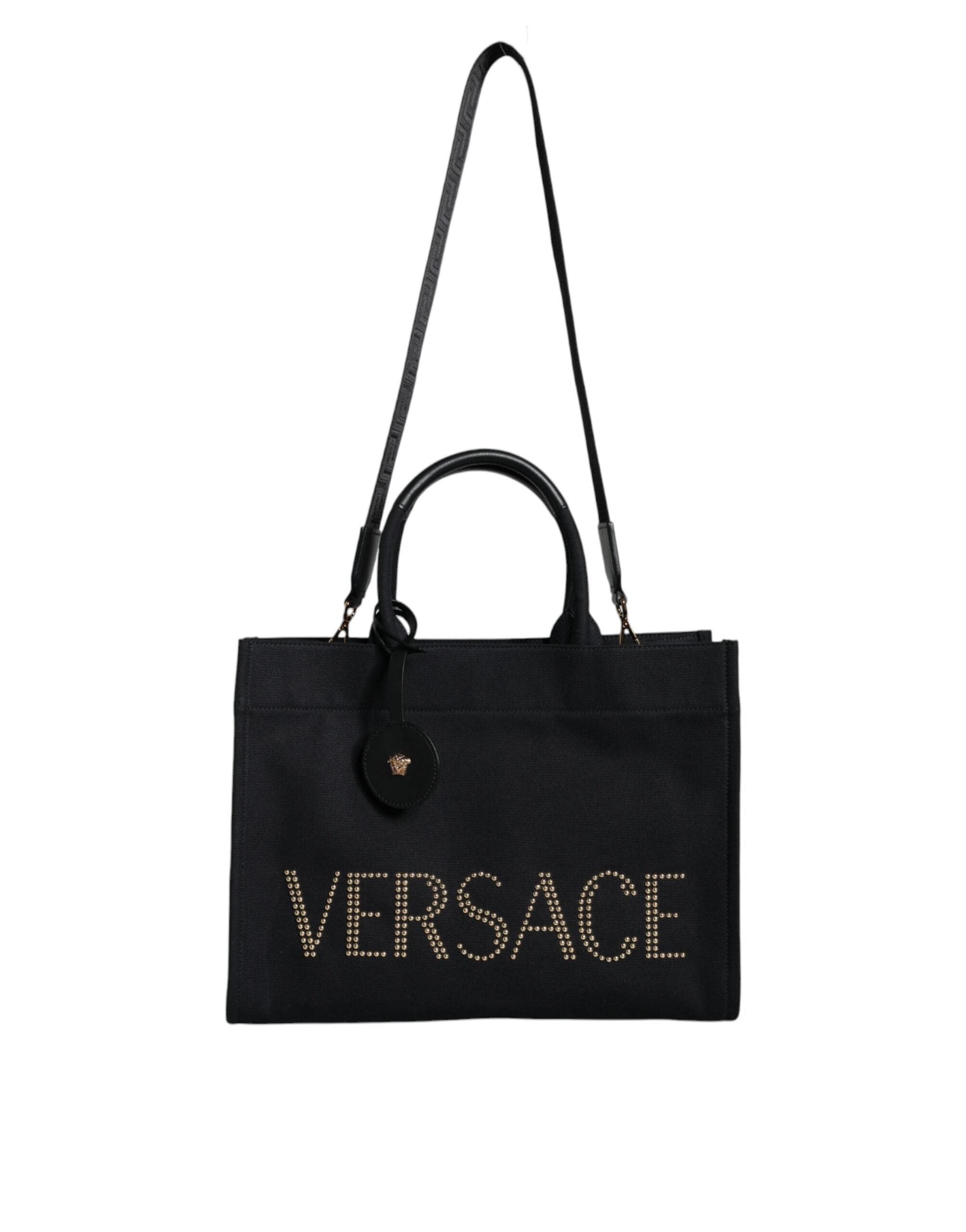 VERSACE ハンドバッグ Versace Black Top Handle Canvas Leather Logo Crossbody Tote